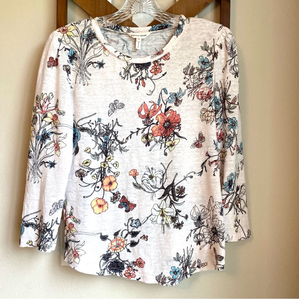 Linen XS Rebecca Taylor Linen Butterfly Garden Top Muted Pale Peach Pink Floral